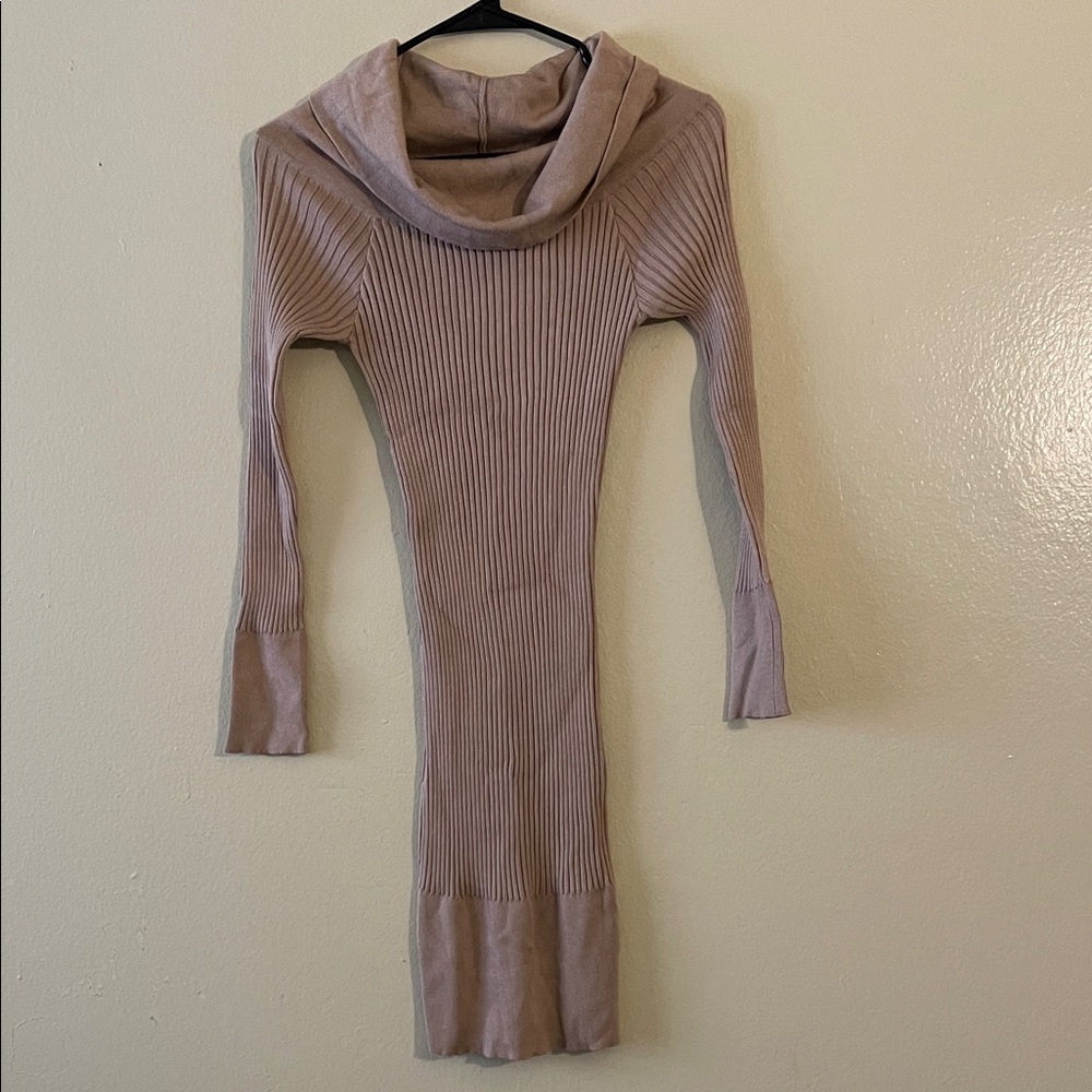 Angel Biba Ribbed Cowl Neck Sweater Dress in Tan